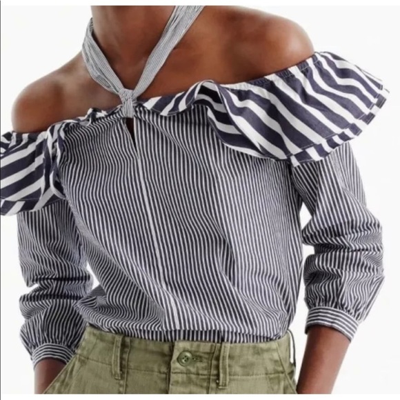 NWT J Crew Off the Shoulder Striped tie‎ neck  Top Size 0P - Picture 1 of 15